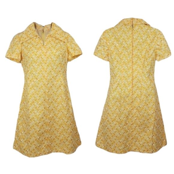 NEW Vintage Handcrafted 60's 70's Geometric Embroidered Yellow Mod Dress Size M - Picture 2 of 13